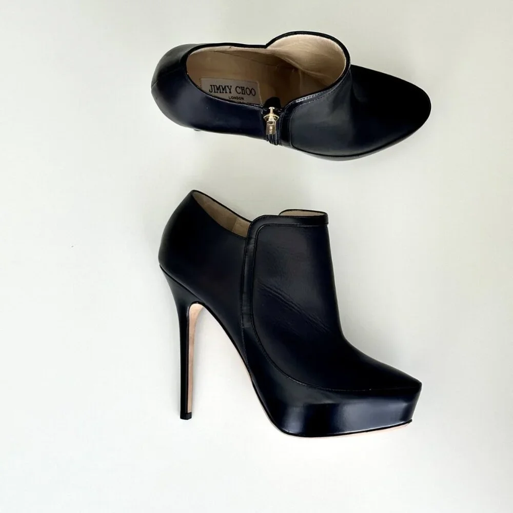 JIMMY CHOO 'Decoy' Black Leather Platform Ankle Booties Boots Size 38.5